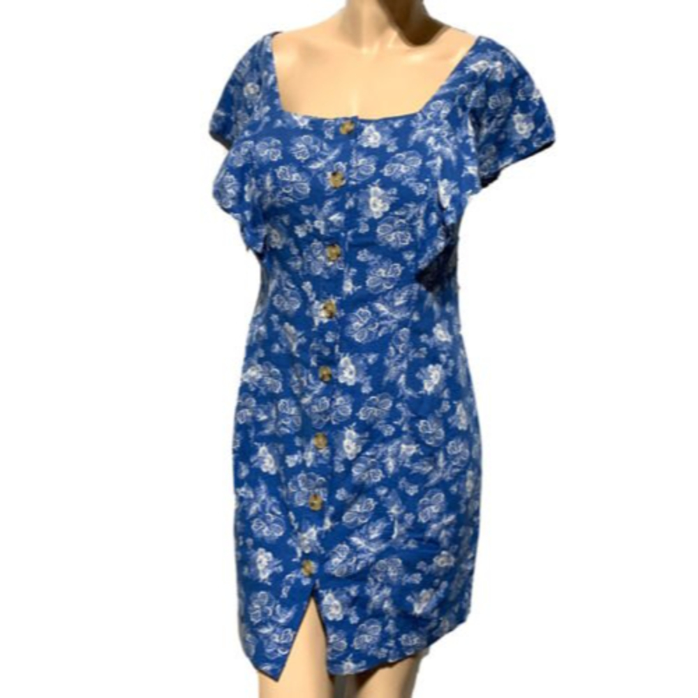 a.n.a Dress Size XS Blue Floral Button Ruffle Shoulder Rayon Cotton Linen NWT